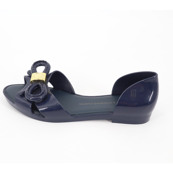 Melissa + Vitorino Campos Women's Gold Accent Open Toe Navy Jelly Flats Sz 7 - Picture 5 of 9